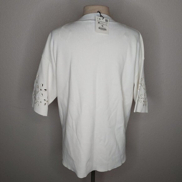 Zara Womens Top Medium Ribbed Short Sleeve Embroidered Flower Sleeves Ivory - Picture 6 of 16